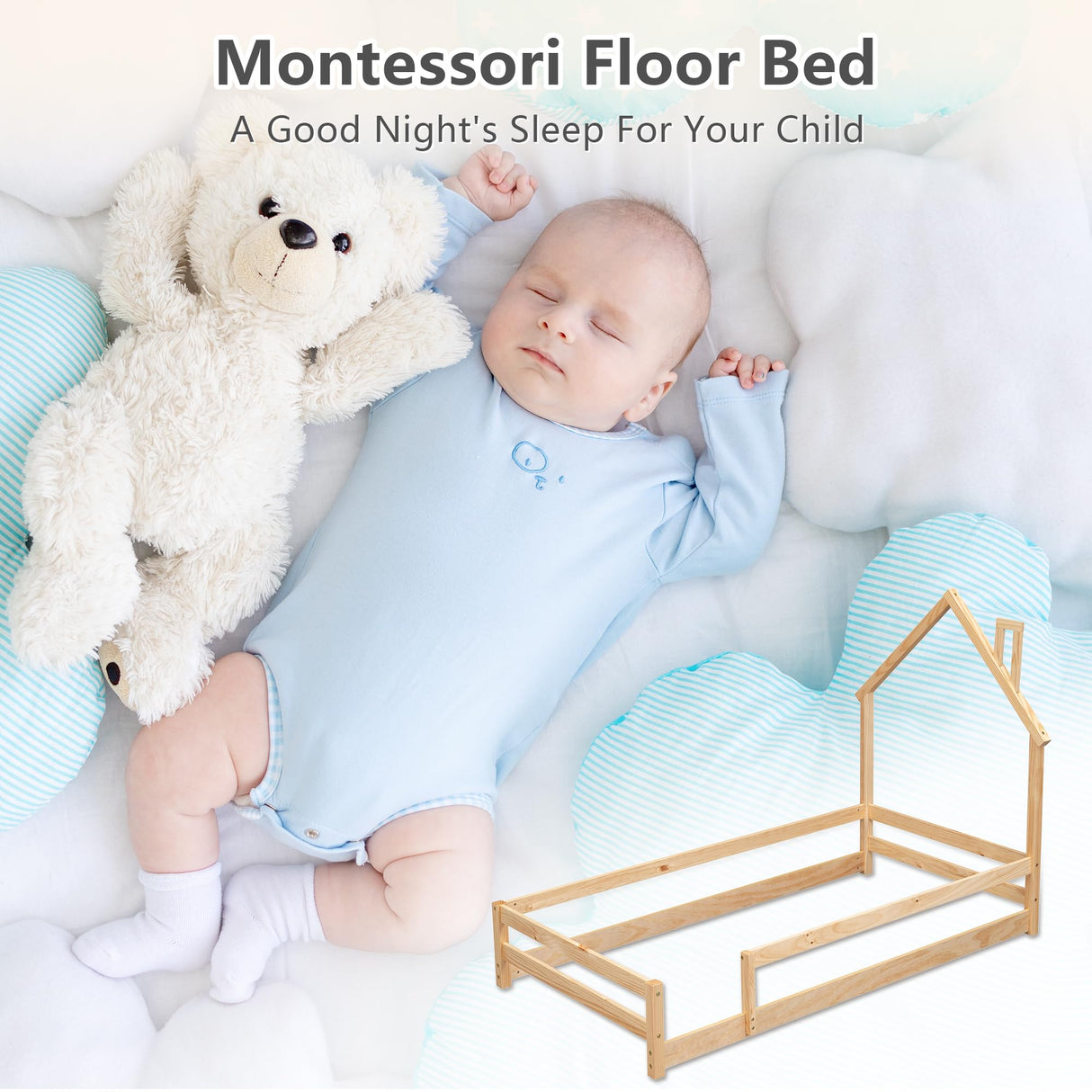 Dolonm Twin Size Montessori House-Shaped Floor Bed Frame with Guardrails in Natural Pine Wood Dolonm