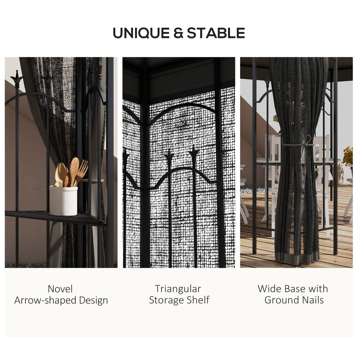 Outsunny 10' x 12' Patio Gazebo with Corner Frame Shelves, Double Roof Outdoor Gazebo Canopy Shelter with Netting for Patio, Wedding, Catering & Events, Gray Outsunny