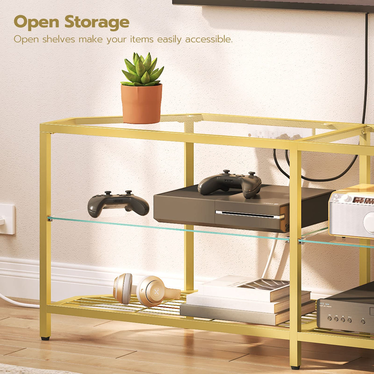 HOOBRO Corner TV Stand with Power Outlet for TVs up to 60", Modern 55" Corner TV Console Table with Open Shelves, Tempered Glass Media Entertainment Center for Living Room, Bedroom, Gold GD143UDS01 HOOBRO