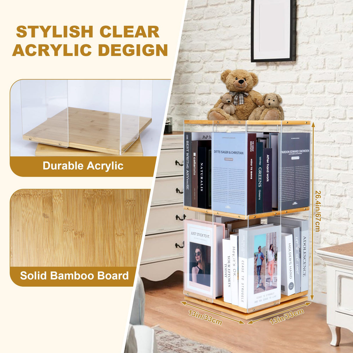 Qriocioa 360° Rotating Acrylic Bookshelf - Stylish 2-Tier Corner Storage Rack for Home and Playroom Qriocioa