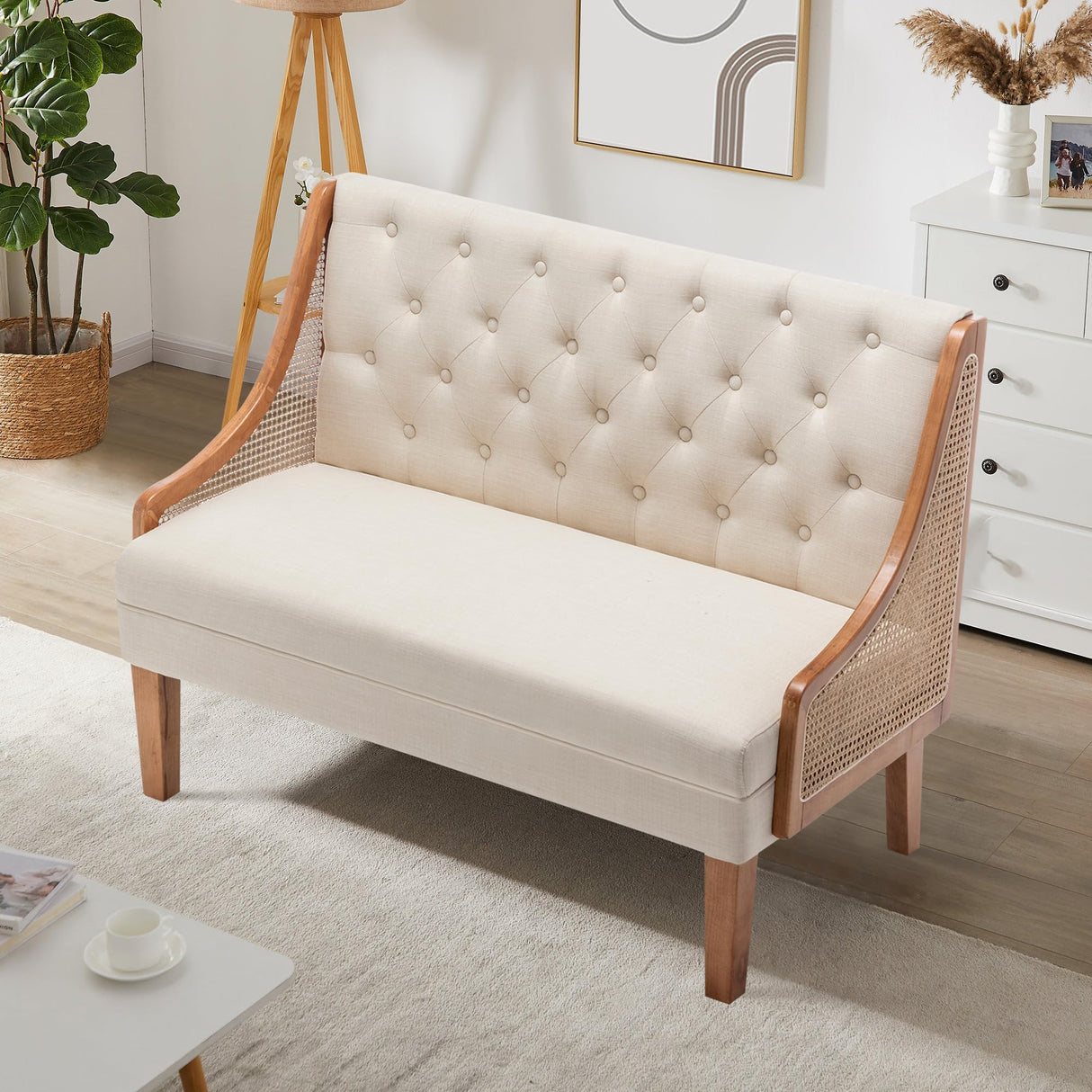 Yongqiang Modern Settee with Back Small Loveseat Sofa Rattan Upholstered Dining Banquette Seating for Kitchen Dining Room Living Room Linen Button Tufted Mini Couch Yongqiang