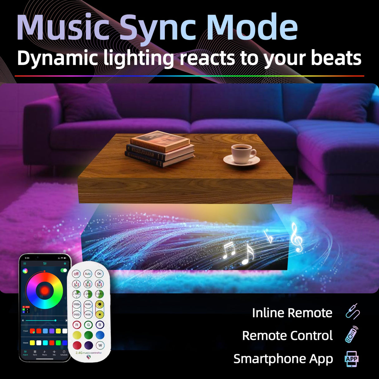 LED Coffee Table for Living Room, 2-Tier Modern Square Center Table with Music Sync Lights, High Gloss Surface, 30 3/4" x 30 3/4" (Rustic Brown+Black) Yeewe