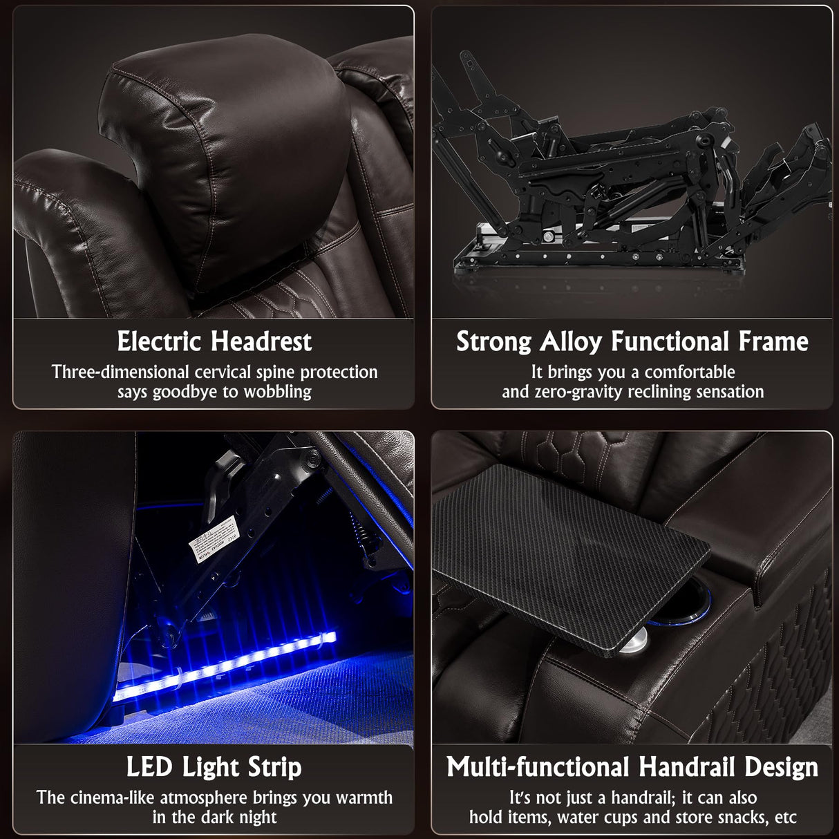 NMXUXMN Home Theater Seating,Top-Grain Leather Recliner Sofa, Zero Gravity Power Reclining Couch with Ambient LED Lights, Cup Holders & USB, Tray Table-Row of 4 Loveseat Left Coffee NMXUXMN