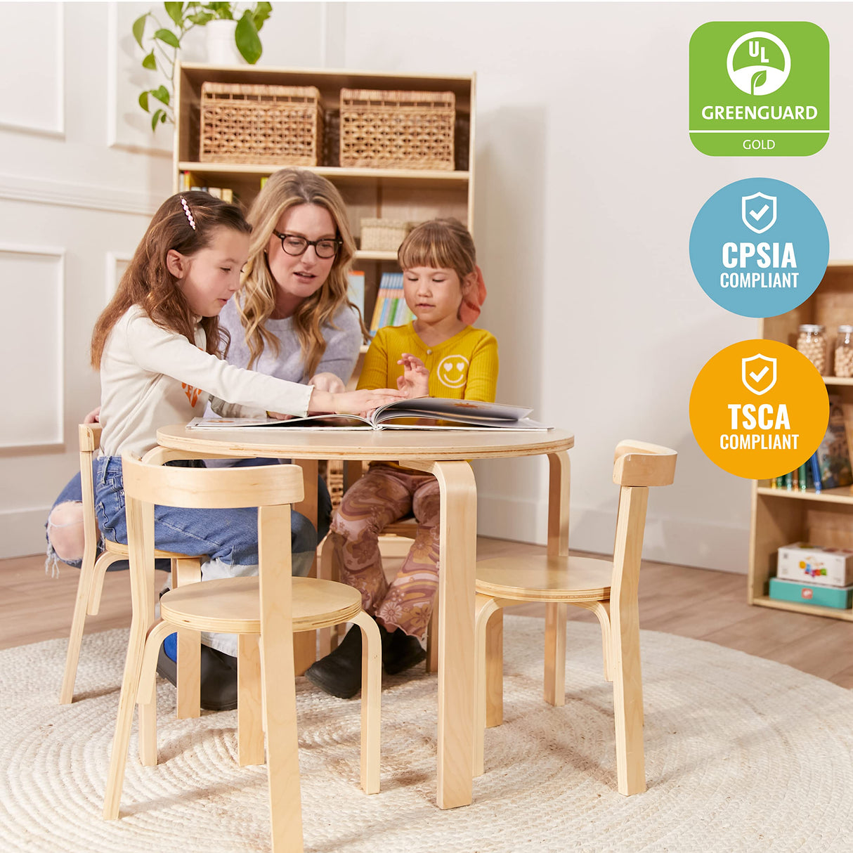ECR4Kids Bentwood Round Table and Curved Back Chair Set, Kids Furniture, Natural, 5-Piece ECR4Kids