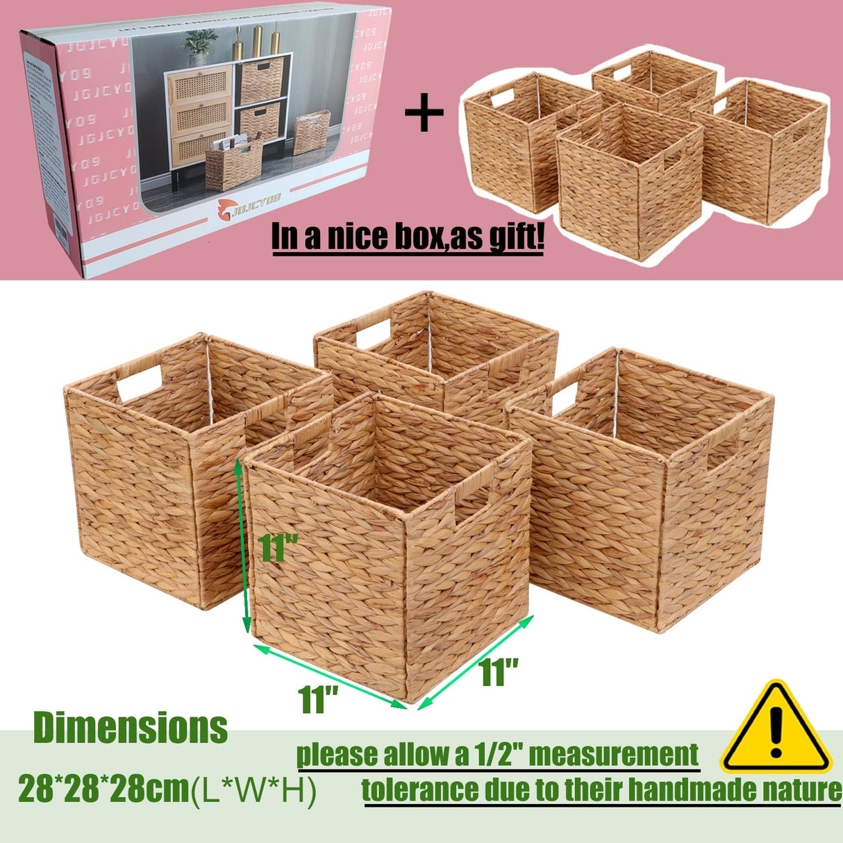 JGJCYO9 Storage Baskets Wicker Cube Baskets Foldable Handwoven Water Hyacinth Laundry Organizer,Cube Storage Baskets,Set of 4 pcs Baskets-11x11x11inch JGJCYO9