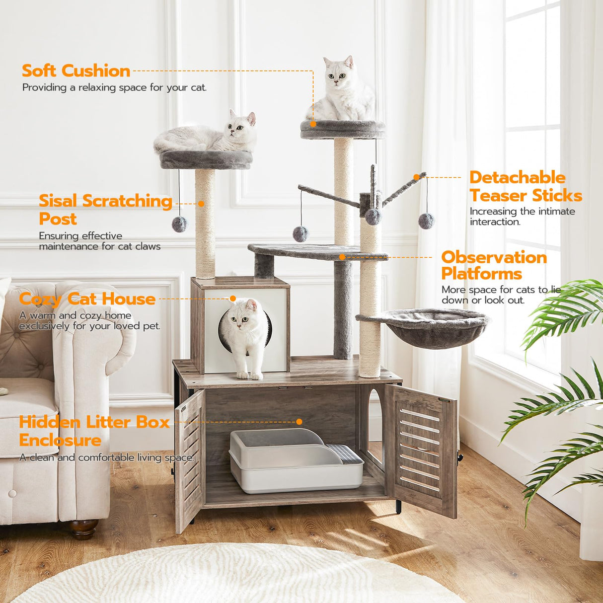 HOOBRO Cat Tree with Litter Box Enclosure & Scratching Posts for Indoor Cats, All-in-One Wooden Cat House Furniture, Cat Condo with Hammock, Detachable Teaser Sticks, Greige BG14MZ03 HOOBRO