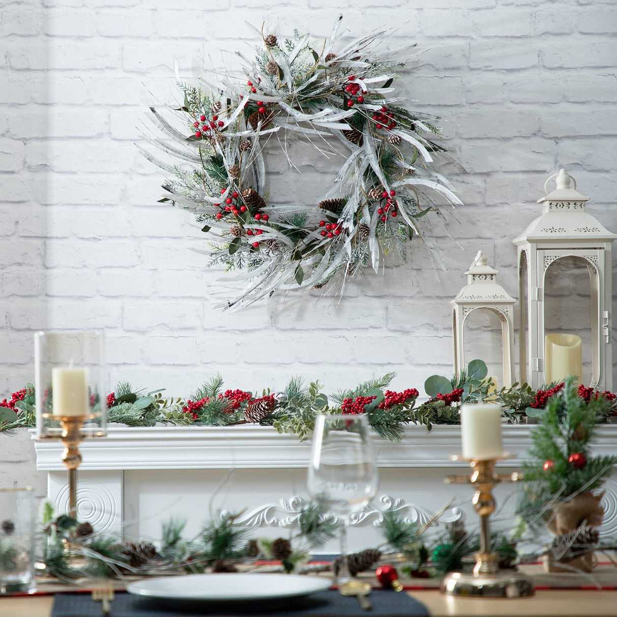 LOHASBEE Artificial Christmas Wreath, 24" Snow Flocked Pine Cone Grapevine Frosted Wreath with Red Berries Eucalyptus for Front Door Winter Christmas Home Hanging Wall Window Party Decor LOHASBEE