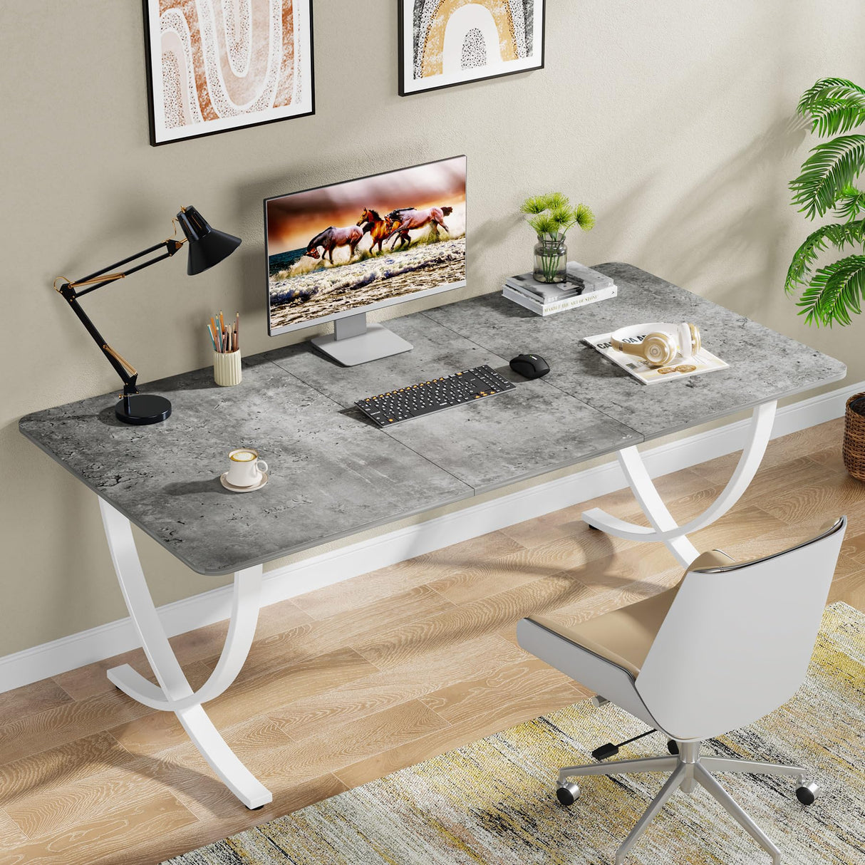 Tribesigns Executive Desk, 63” W x 31.5” D Large Office Desk, Modern Computer Desk Conference Table Meeting Room Table, Business Furniture for Home Office, Gray and White Tribesigns