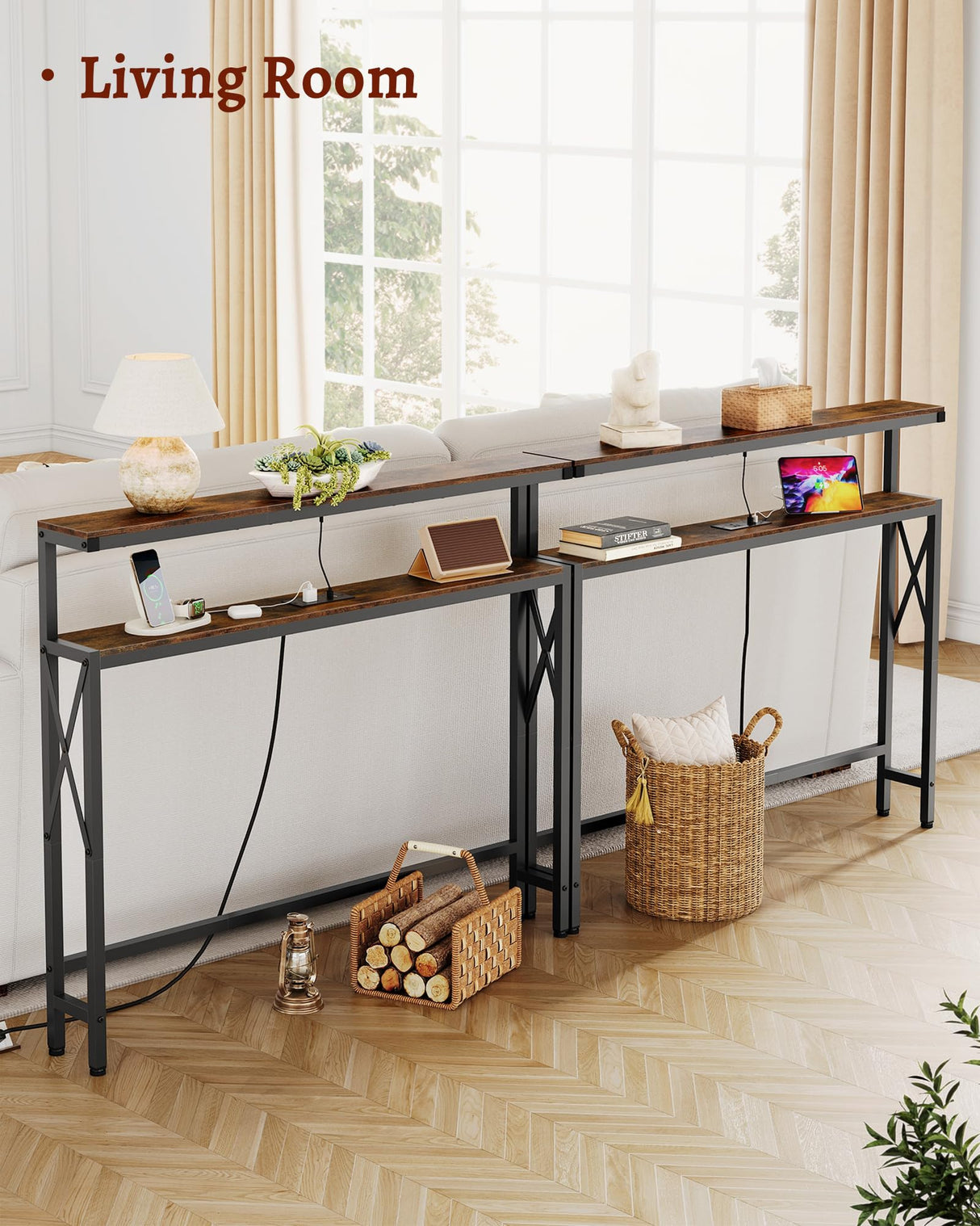 FAVOOSTY 5.9" Narrow Console Table with Led 46.8" Industrial Entryway Table with Storage Shelves, Thin Sofa Table for Living Room, Hallway, Entry Way, Foyer, Kitchen, Rustic Brown&Black FAVOOSTY