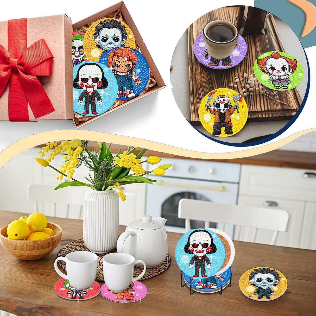 8 PCS Halloween Diamond Art Coasters Kit-Horror Diamond Painting Coasters Kits with Holder for Beginners,Crafts Kits for DIY Coaster for Adults as Gift Home Decors Arttoplus