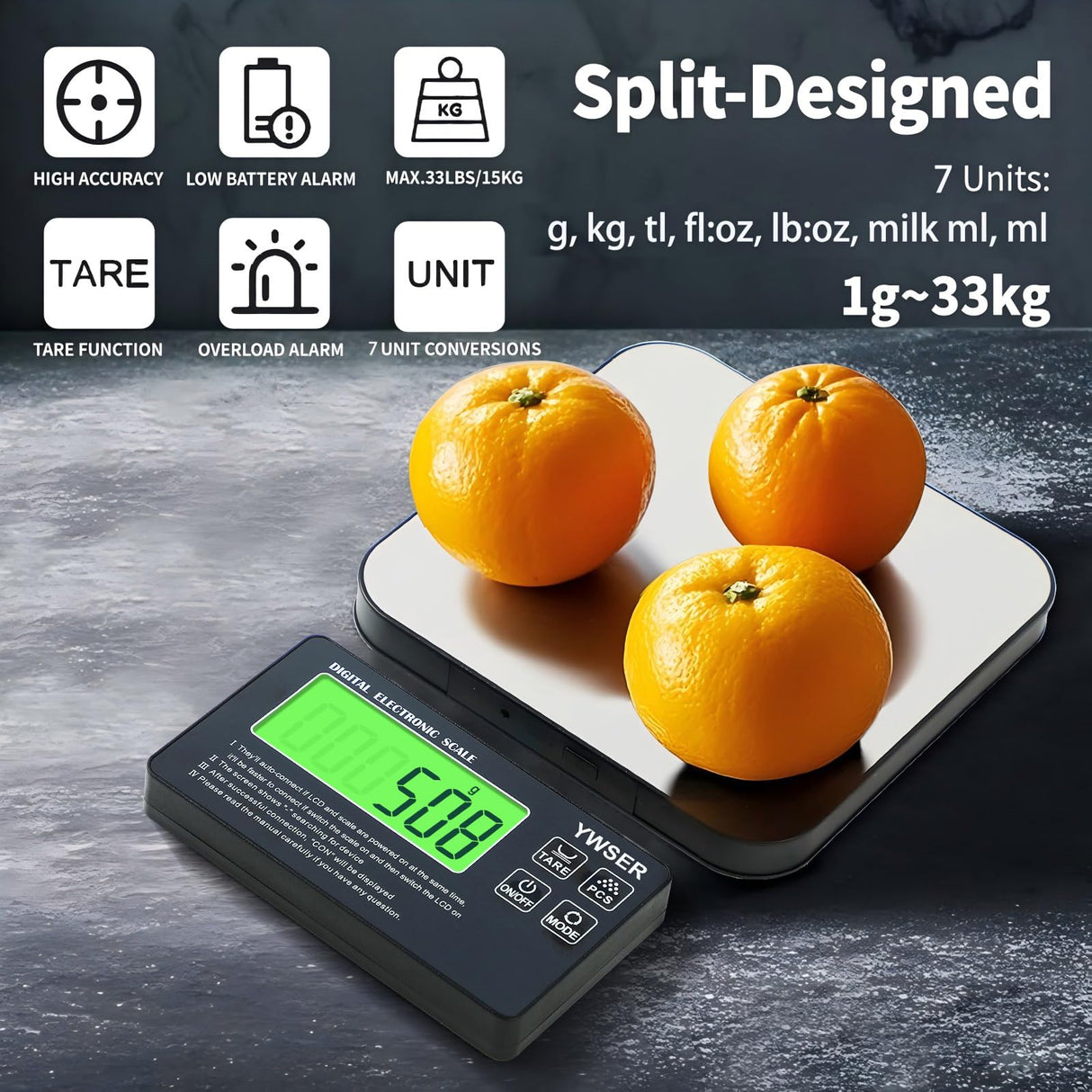 33lb Wireless Magnetic Digital Kitchen Scale with Remote LCD Display, Split-Designed for Easy Cleaning, 0.1oz/1g Precision, 7 Units, Tare Function for Baking, Cooking, Meal Prep YWSER