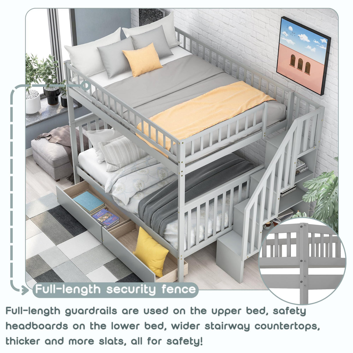 Full Over Full Bunk Beds with Drawers and Stairs Stairway Bunk Bed Frame with Storage Shelves for Kids Teens Adult, Wood Full Bunk Bed for Boys Girls Adults, Gray Bellemave
