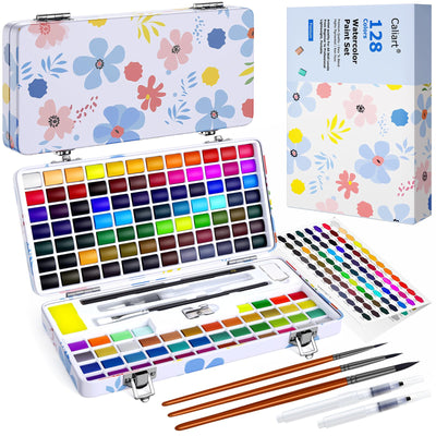 128 Colors Washable Watercolor Paint Set with 4 Brushes, Portable Travel Water Color Kit with Carrying Case, Palette and Accessories, Non-Toxic Art Supplies Gift for Artists Adult Teen Kids Girls Boys
