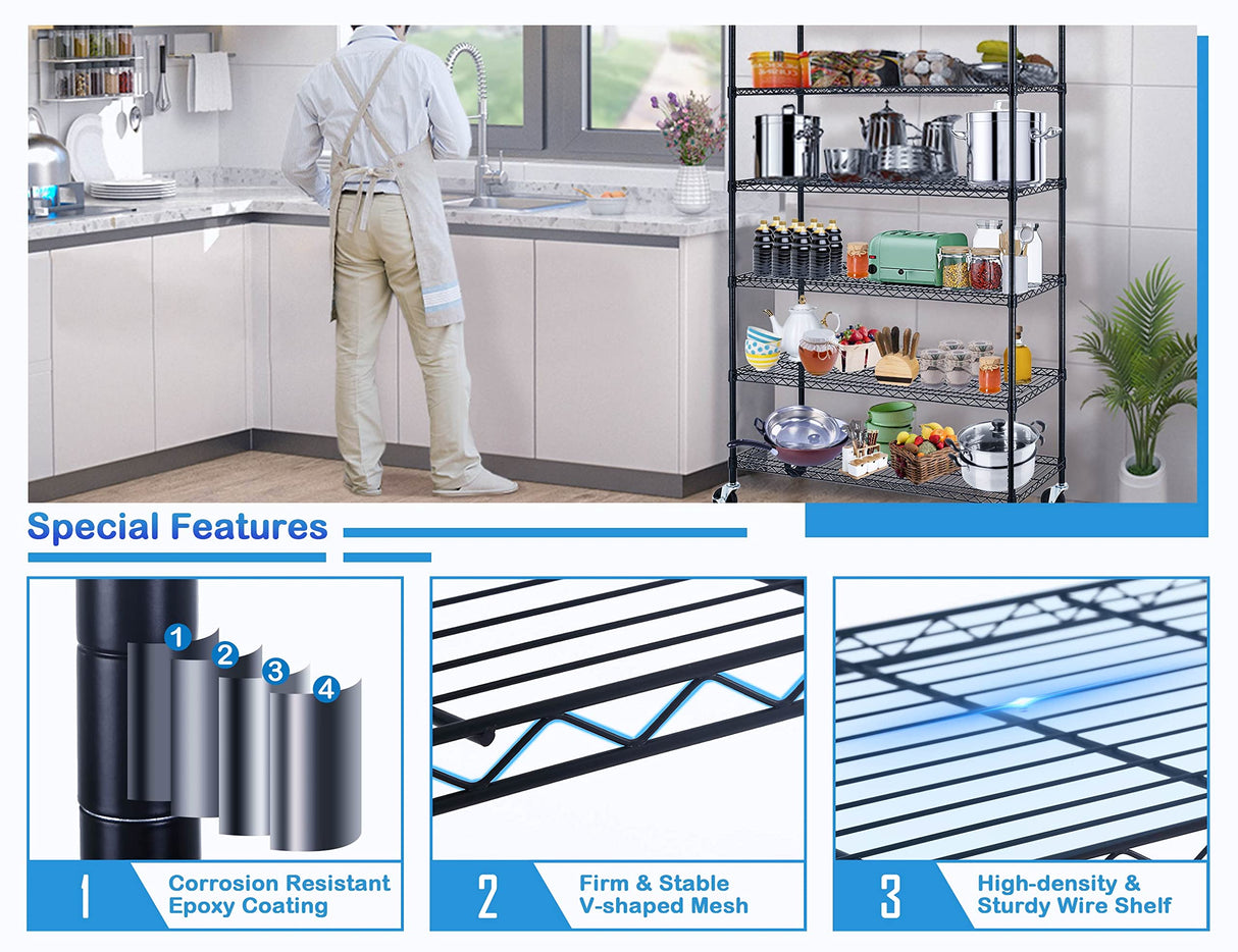 6000Lbs Capacity Metal Shelving Unit 6 Tier Adjustable Shelves for Storage Heavy Duty Commercial Grade Wire Shelf with Wheels & Feet 48" ×18" ×78" Storage Rack for Warehouse Garage Pantry Basement MKDLUFEI