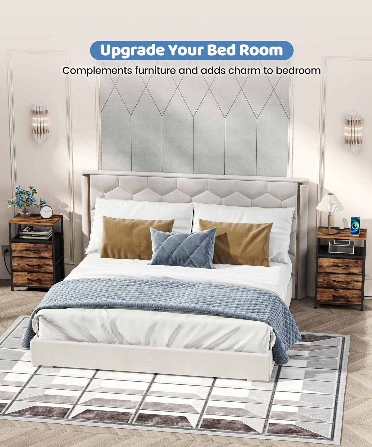 Akxomel Night Stand with Charging Station, 11" D x 15" W Nightstand with LED Light, Bedside Table with Fabric Drawers, Side Table with Open Shelf for Bedroom, Rustic Brown Akxomel