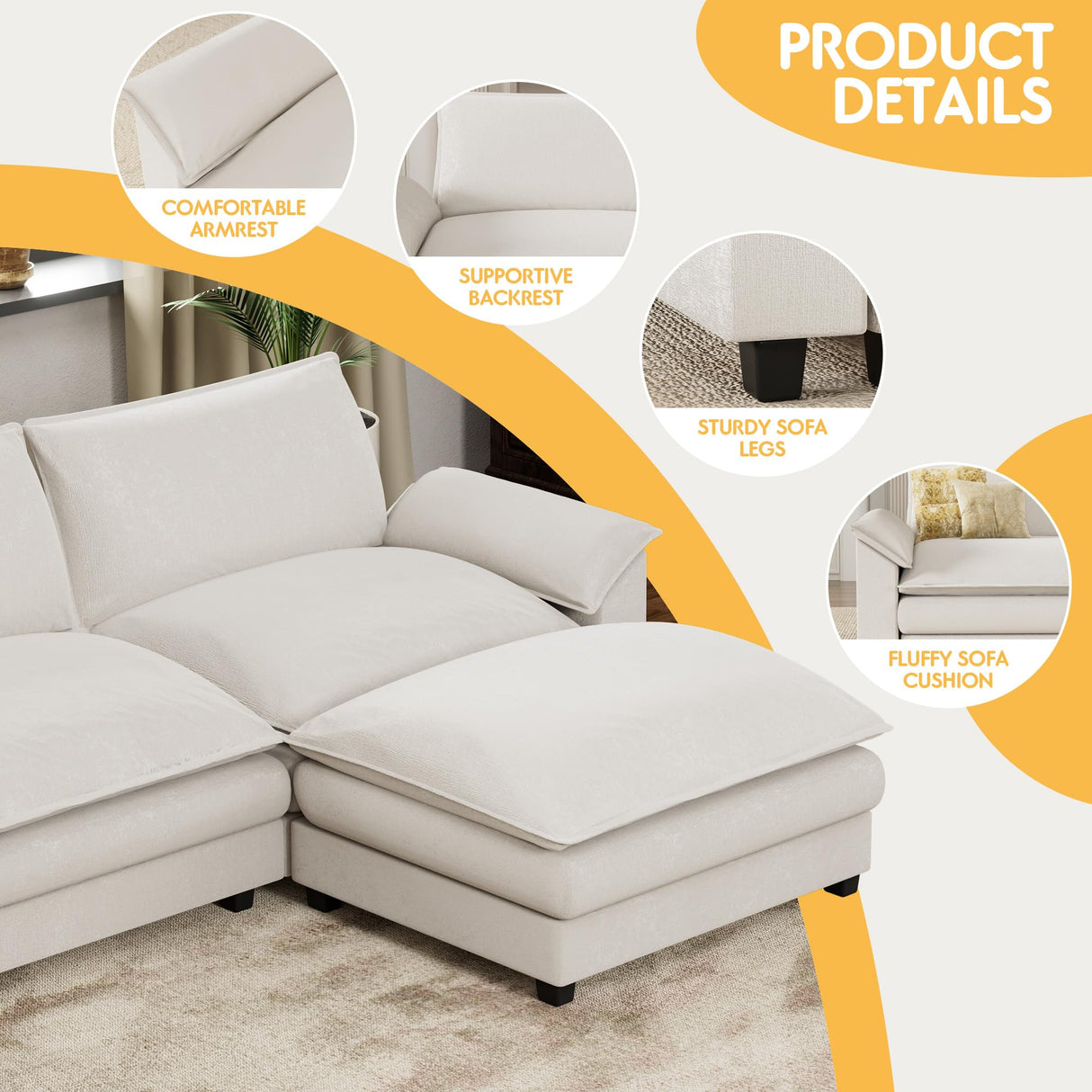 Homall Modular Sectional Sofa, Loveseat Sofa Couch with Reversible Ottoman, DIY Combination Chenille Deep Seat Cloud Couch for Living Room, Apartment (White, L Shaped Sofa) Homall