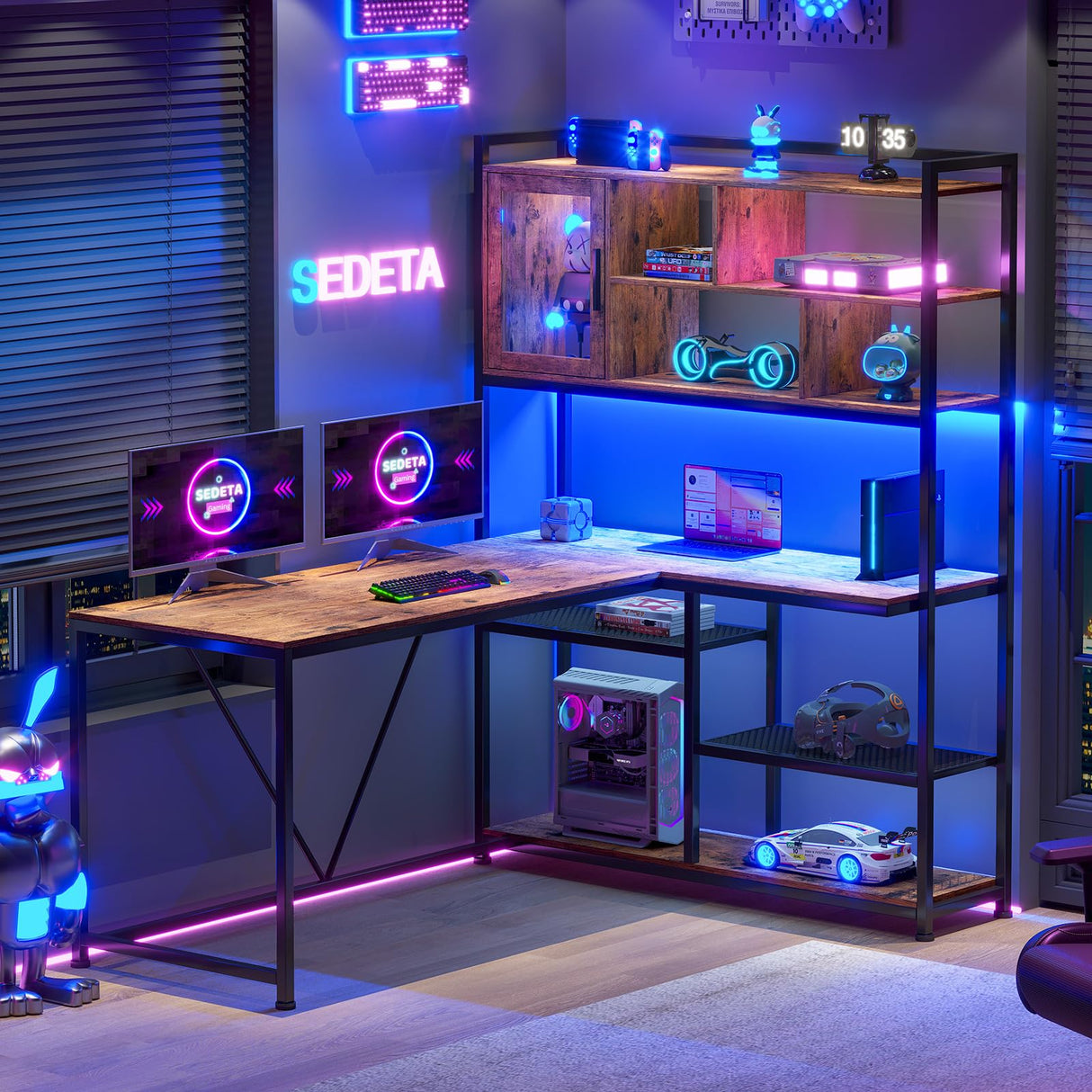 SEDETA 58'' L Shaped Computer Desk with LED Light and Bookshelf in Rustic Brown SEDETA