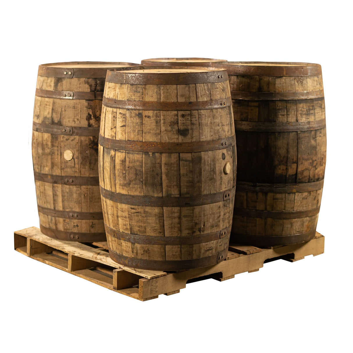 Midwest Barrel Company Authentic Bourbon/Whiskey Barrel (53 Gallon) Used Genuine American Oak Wood Barrel by the Pallet (4) MIDWEST BARREL CO. EST. 2015