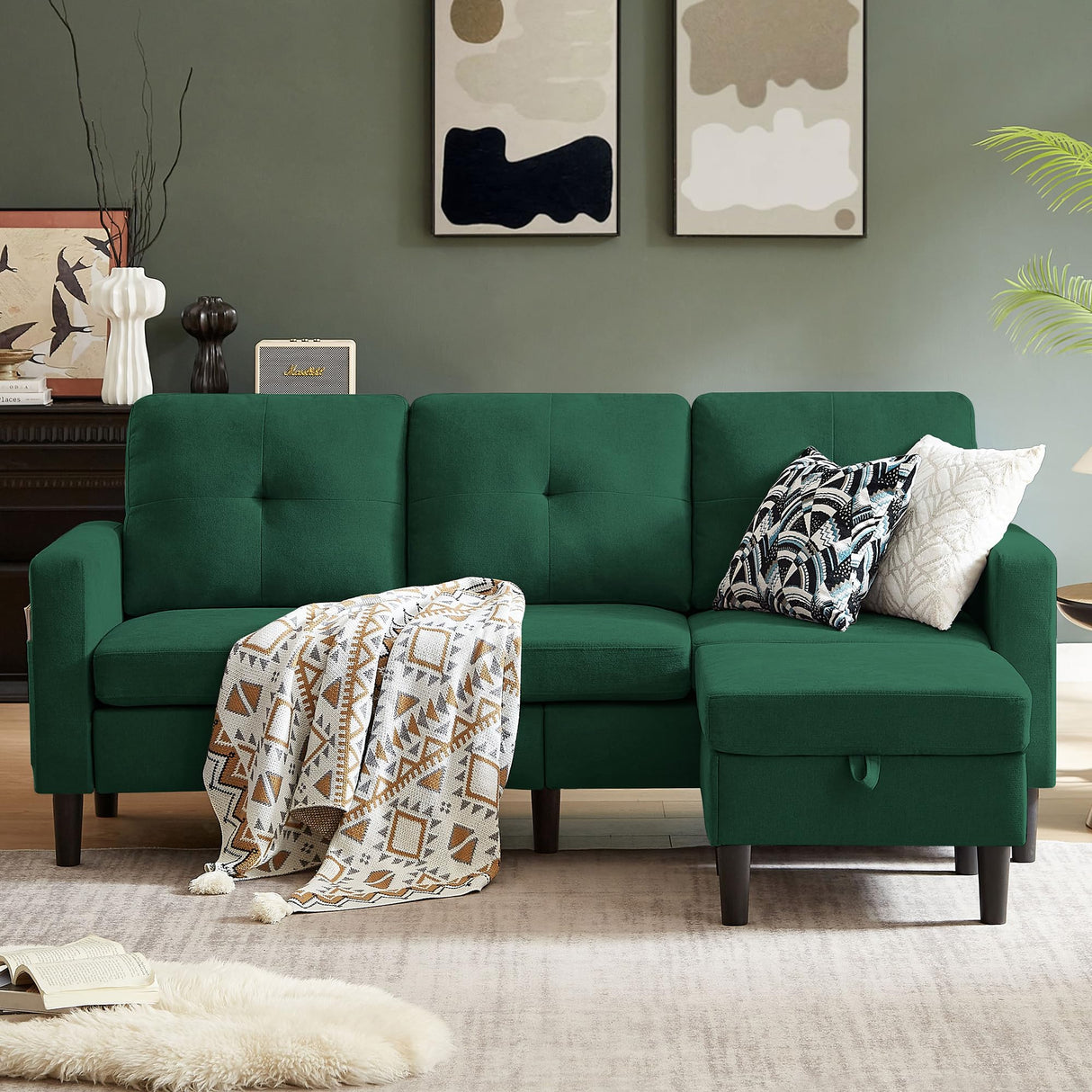 Pingliang Home Sectional Sofa Couches for Living Room, Modular 3 Seats Sectional Sofas L Shaped Couch with Storage and Reversible Chaise, Linen Fabric, 79" (Green) Pingliang Home