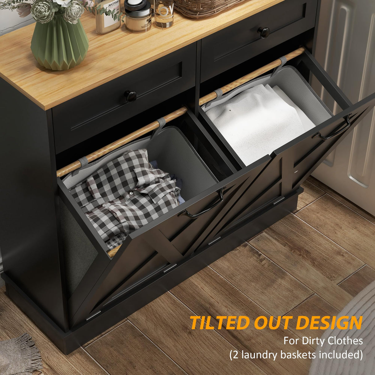 HOMCOM Tilt Out Laundry Hamper Cabinet with 2 Removable Baskets, Freestanding Bathroom Storage Cabinet with 2 Drawers, Trash Can Cabinet for Living Room, Laundry Room, Black HOMCOM