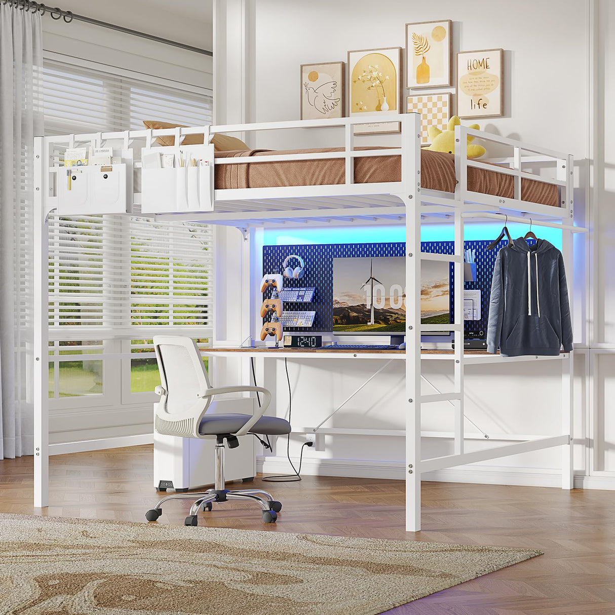 Hasuit Full Size Metal Loft Bed with Desk, LED Lights & Charging Station - Sturdy Space-Saving Bed Frame, Loft Bed Full Size Includes Safety Guard Rail & Ladder, No Box Spring Needed, Durable, White Hasuit