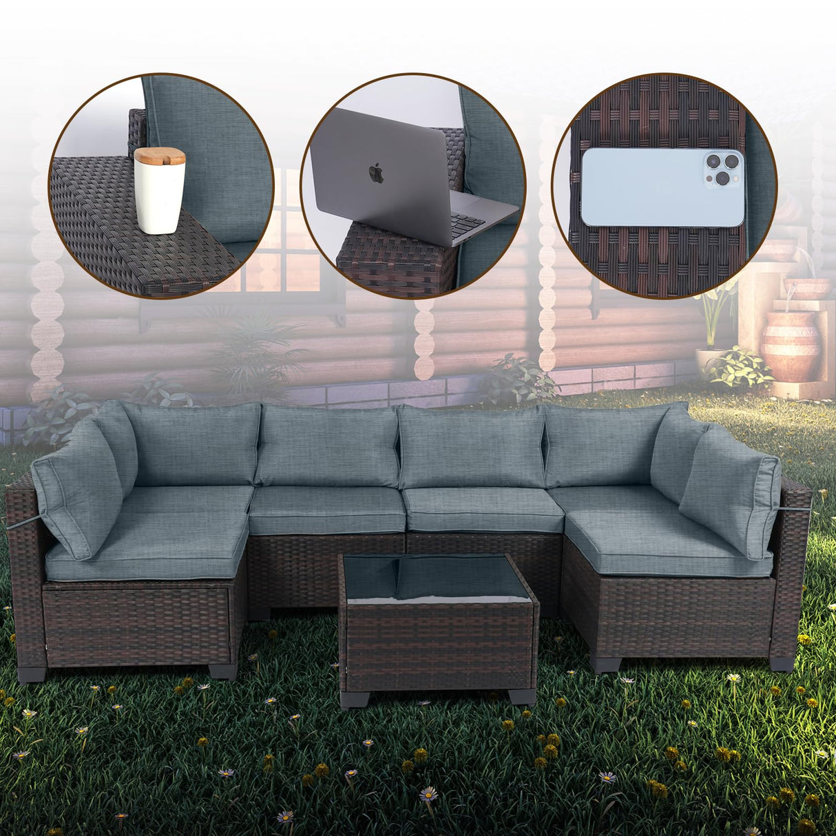 LEVELEVE 7 Pieces Outdoor Patio Furniture Sets,Rattan Conversation Sectional Set,Manual Weaving Wicker Patio Sofa with Tea Table LEVELEVE