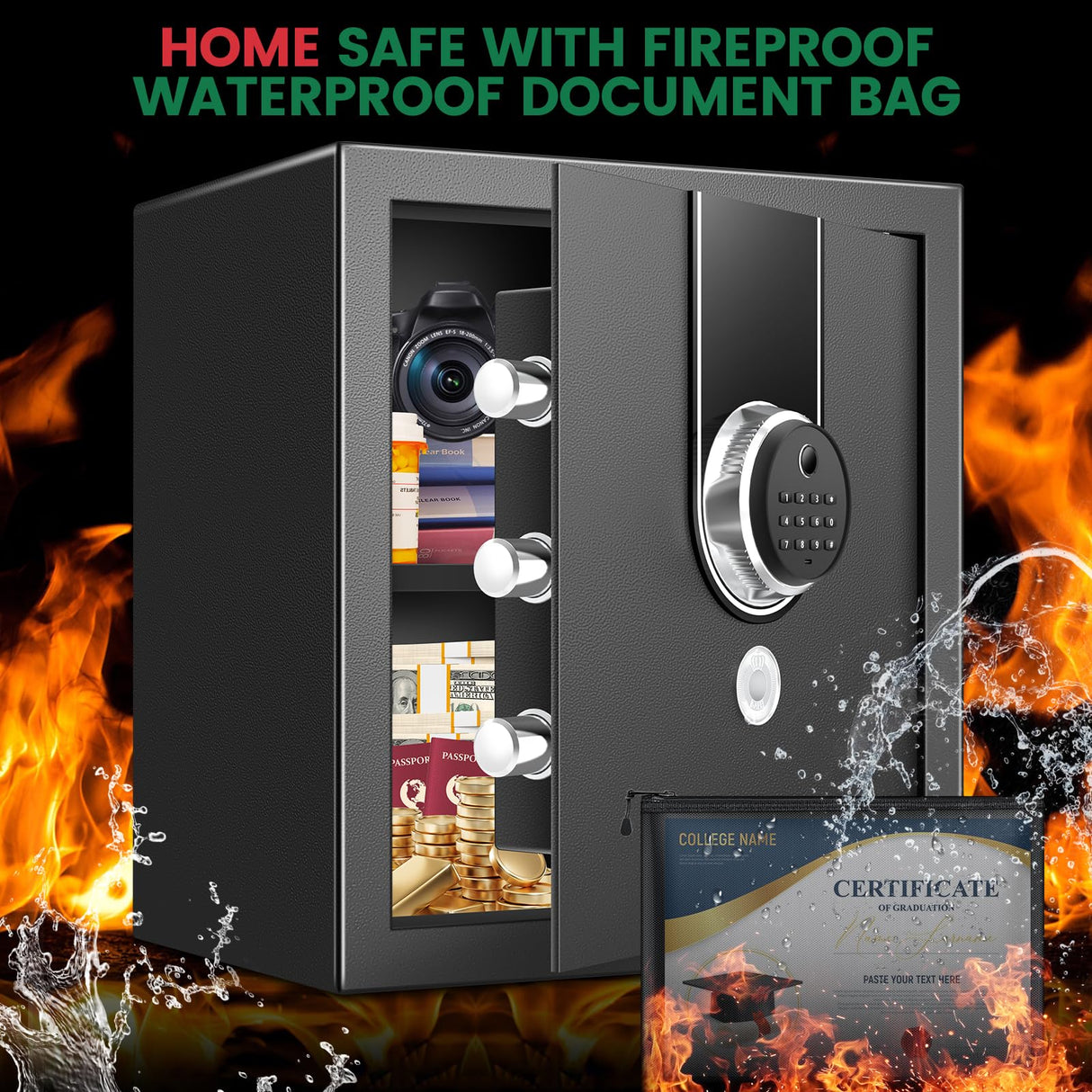 2.0 Cuft Biometric Safe Box, Fireproof Safe for Home with Digital Keypad and Spare Keys, Safety Box for Money, Documents, and other Valuables Thmosz