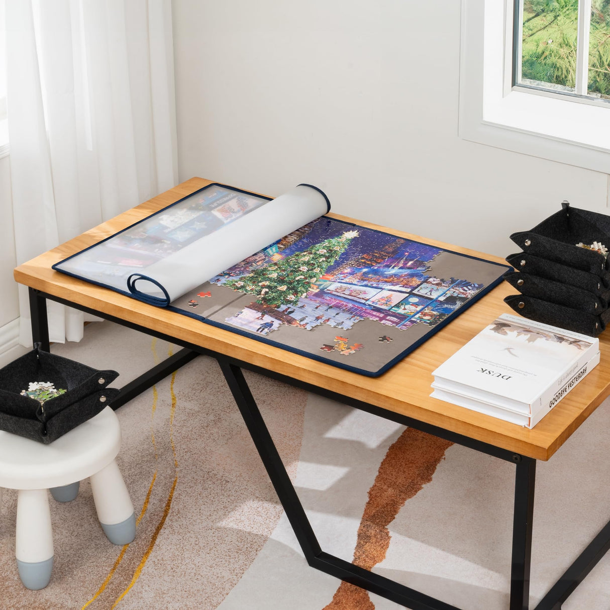 Tektalk Foldable Jigsaw Puzzle Board with 6 Sorting Trays, Portable Puzzle Mat with Puzzle Dustproof Cover for Puzzle Storage Puzzle Saver, Non-Slip Surface, Up to 1000 Pieces (Gray) Tektalk