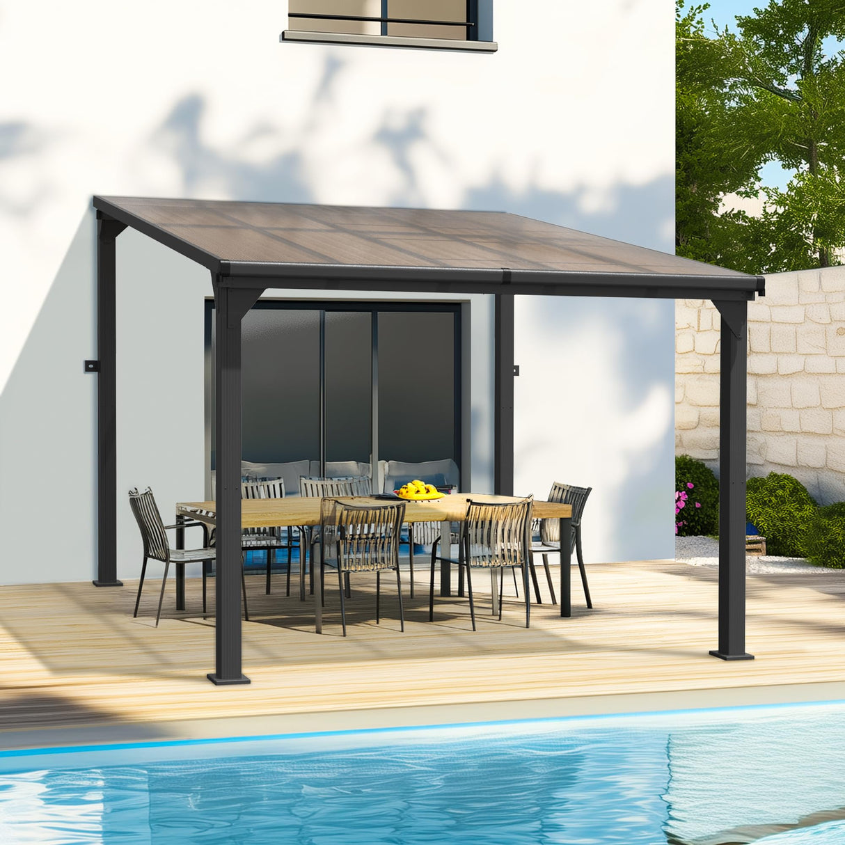 Pamapic 10 * 10FT Wall Mounted Gazebo,4*4 Inch Thickened Pillars & Enlarged Base,Outdoor Hardtop Lean to Pergola,UV Resistant Polycarbonate Roof,Aluminum Frame Pergola,Outdoor Patio Awnings for Lawn Pamapic