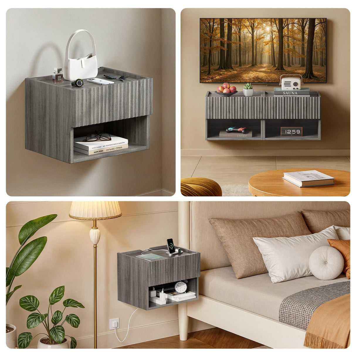 Lazzanto Floating Nightstand Bedroom Bedside Table - Floating Night Stand Set of 2 with Storage Drawer, Wood Morden Wall Mounted Bedside Tables for Dorm Hallway Entryway Lazzanto