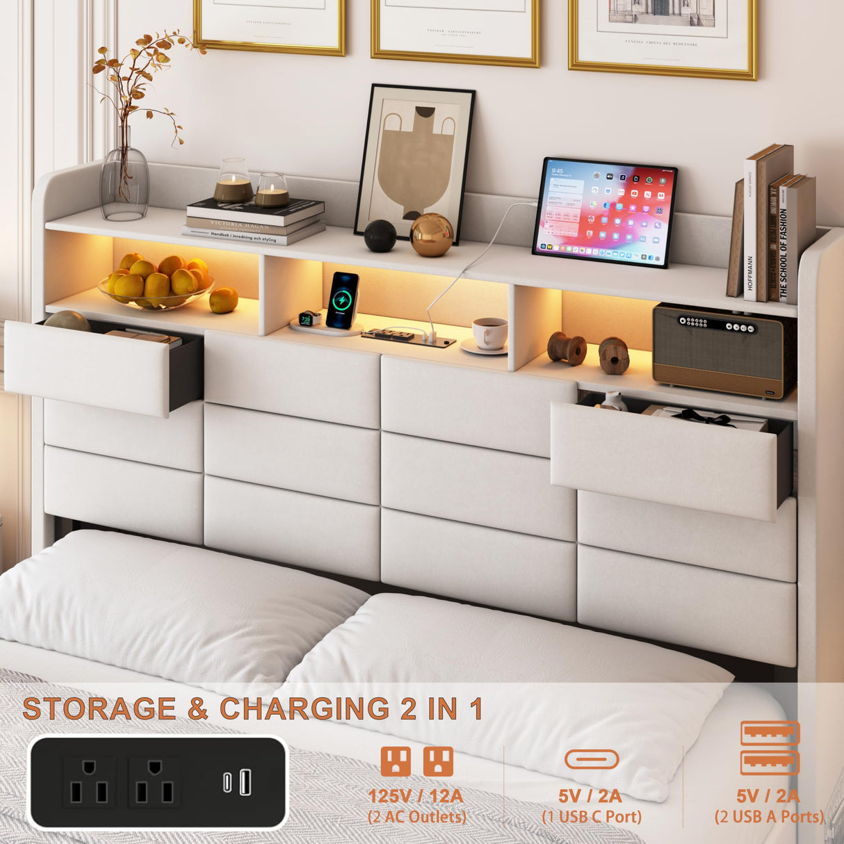 Etditrnp LED Bed Frame King Size with Storage Headboard, 2 Hidden Drawers and Charging Station, Velvet Bed Frames with Led Lights, Wooden Slats Support, Easy Assembly, No Box Spring Needed, Beige Etditrnp