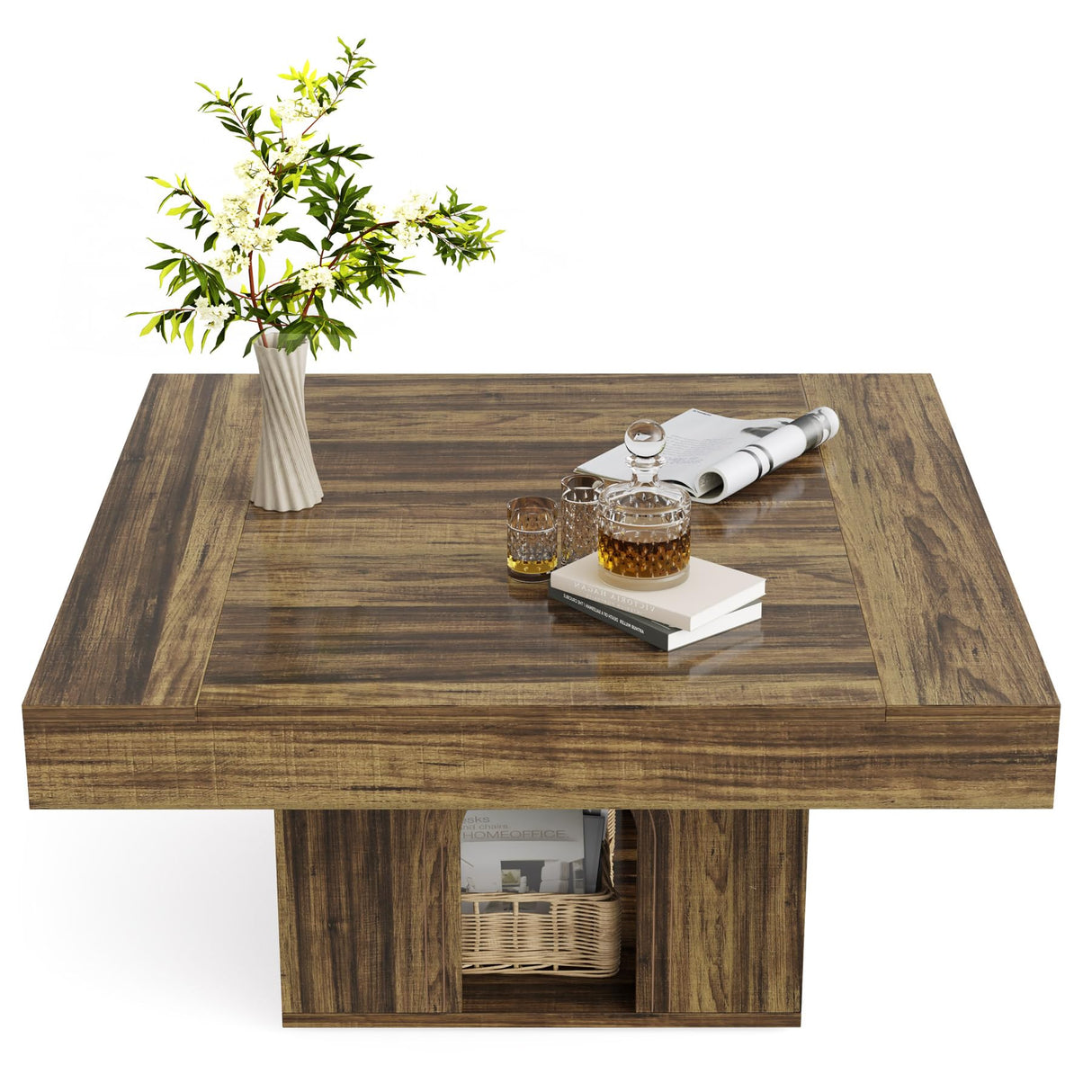 Tribesigns 35" Square Coffee Table, Farmhouse Center Table with 2-Tier Storage, Rustic Wood Cocktail Table Perfect for Living Room, Reception Room, Brown Tribesigns