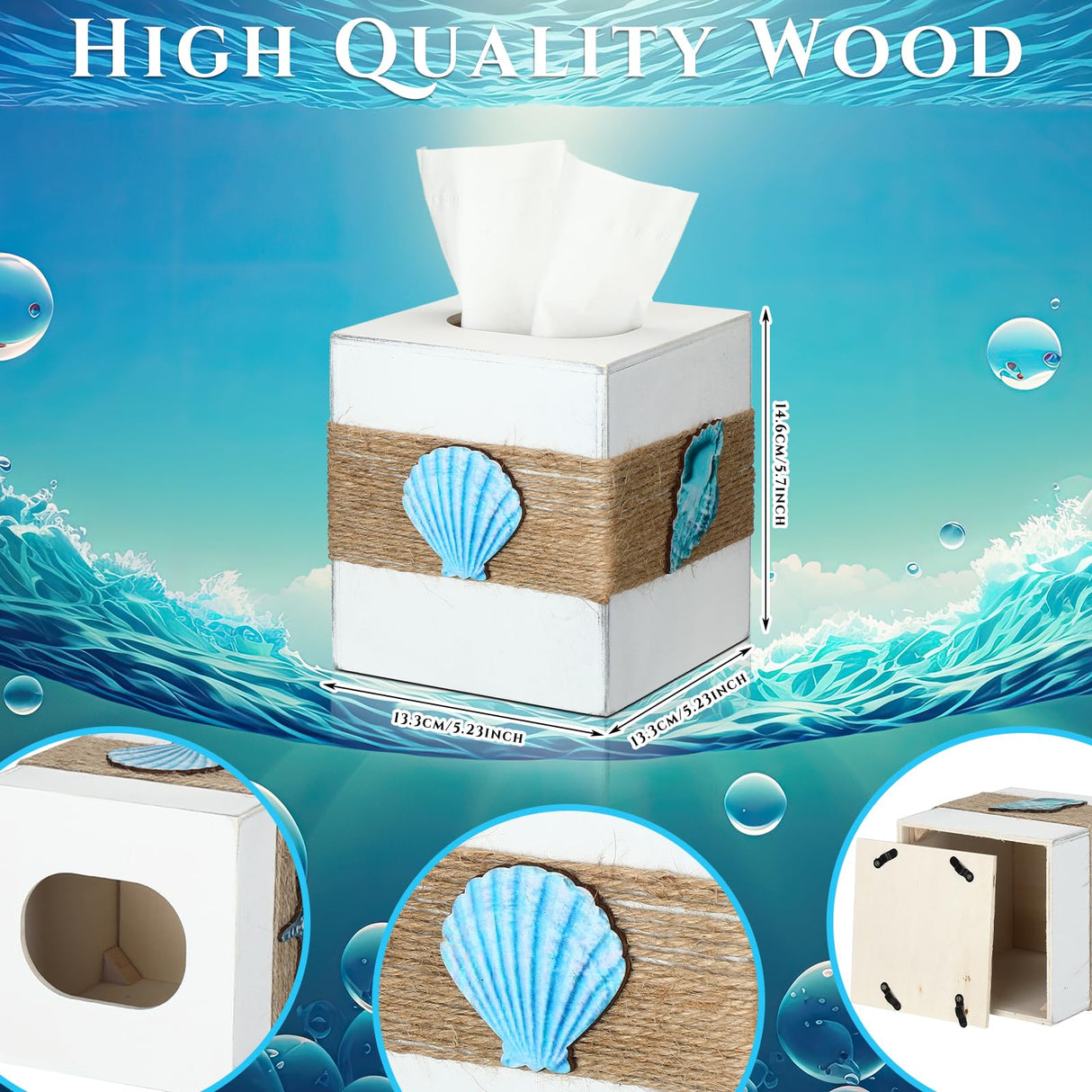 Threehoney Wood Tissue Box Cover Square Beach Farmhouse Bathroom Accessories Conch Starfish White Tissue Box Holder with Slide out Bottom Panel Rustic Beach Room Decor Decorative Coastal Napkin Holder Threehoney