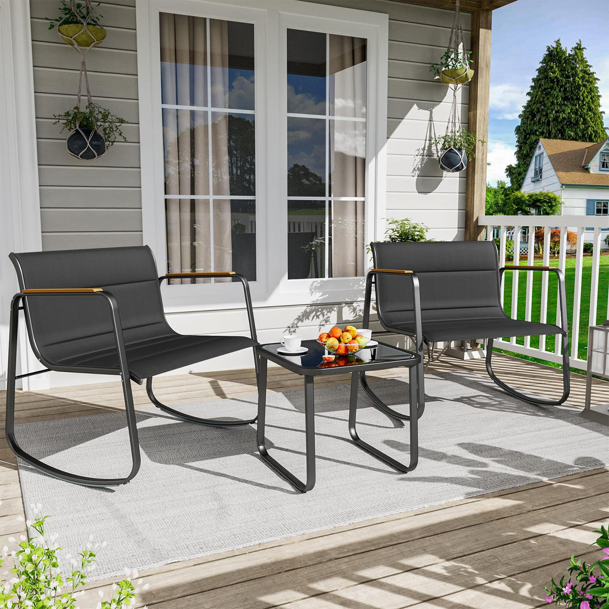 Amopatio Outdoor Table and Chair Set 3 Piece, Patio Rocking Chair, Breathable Textilene Fabric Patio Furniture Set for Porch, Poolside, Deck, Outdoor Terrace, Balcony, Garden,Black Amopatio