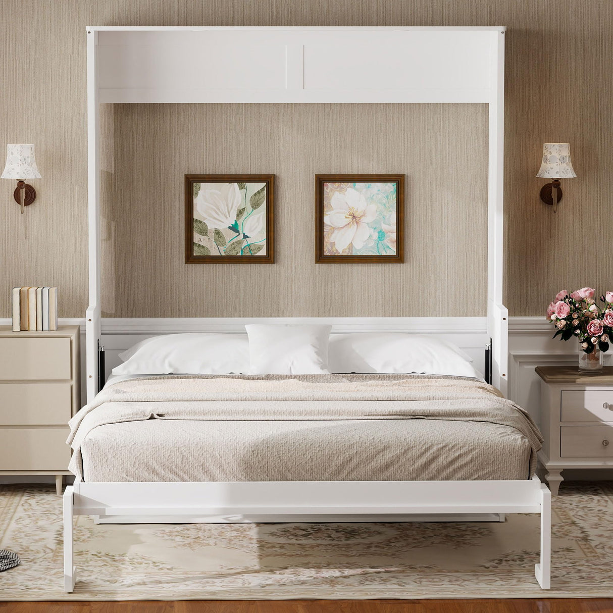 SOFTSEA Queen Size Murphy Bed with Desk, Hideaway Wall Bed with LED Lights and USB Charging Station, Folding Bed Frame for Small Space, Guest Room, Bedroom, Office, White SOFTSEA