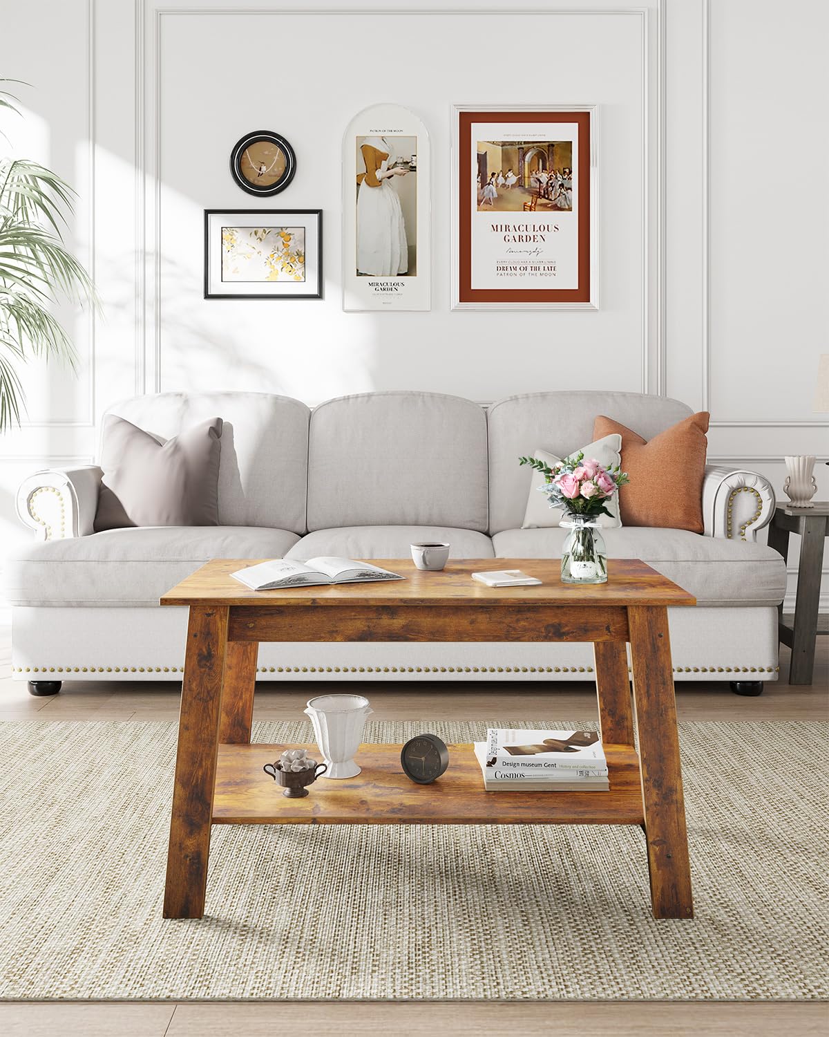 GarveeHome 2-Tie Coffee Table, Rustic Wood Living Room Tables with Open Rectangular Storage Compartment, Coffee Tables for Living Room, Outdoors, Home Office, Bedroom, Retro Brown GarveeHome