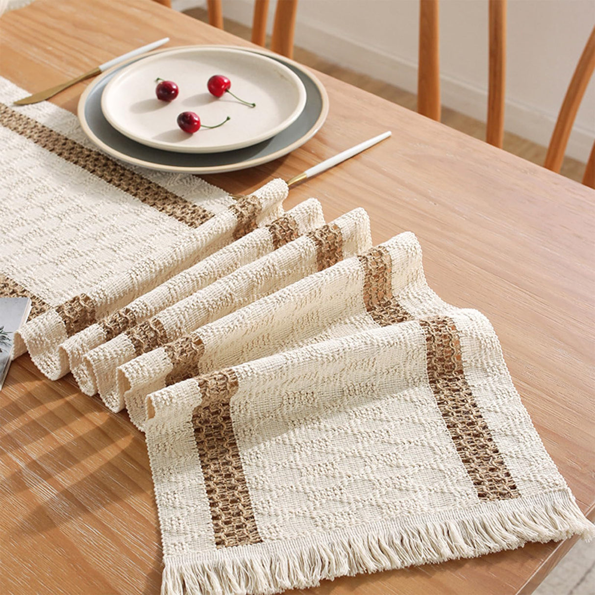 Niviy Boho Table Runner for Thanksgiving Christmas Winter Home Decor 72 Inches Long Farmhouse Macrame Table Runner Cotton Linen Woven Table Runners for Dining Table Decoration, Beige & Brown Niviy