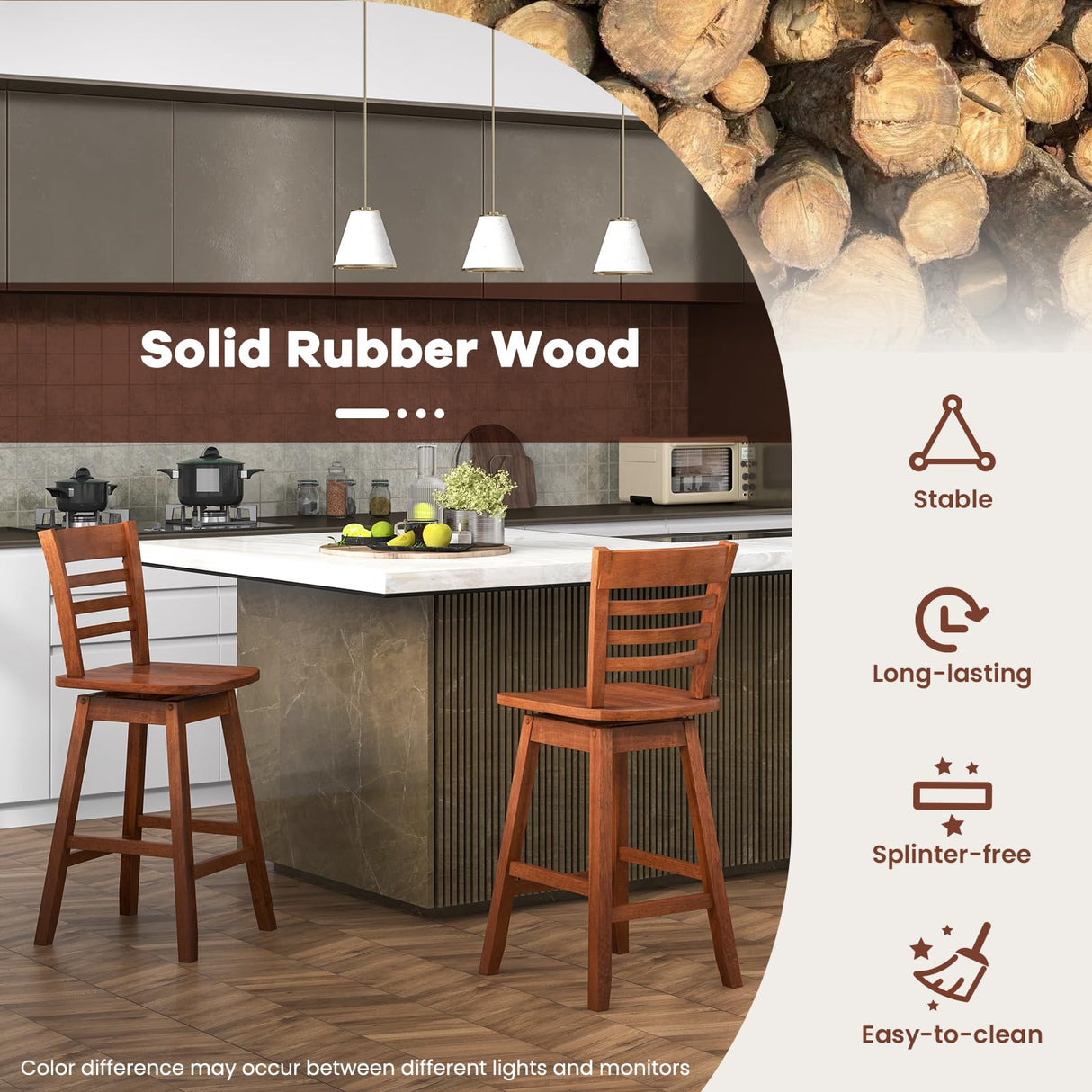 Giantex Wood Bar Stools Set of 2, 24.5" Swivel Counter Height Bar Stools with Slatted Hollow Back & Ergonomic Contoured Seat, Footrest, Farmhouse Wooden Barstools for Kitchen Island, Bar, Cafe, Walnut Giantex