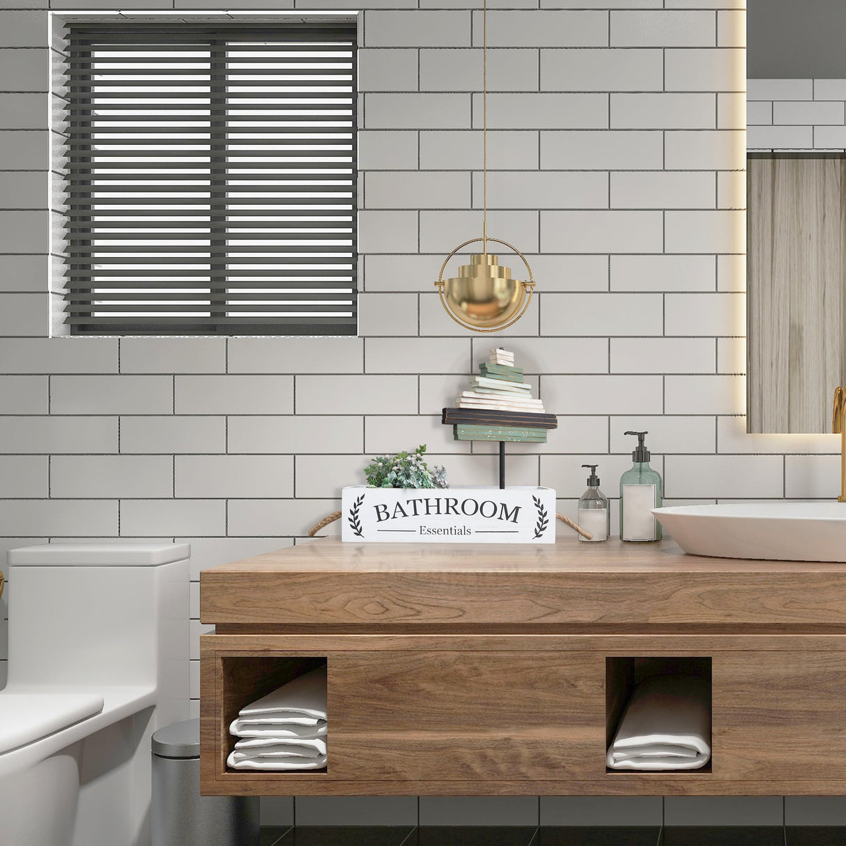 Bathroom Essentials Rustic Wood Storage Box, Bathroom Tray Decor and Organizer, Toilet Paper Holder Basket, White Wooden Crate with Rope Handles, Farmhouse Style CreativeWise