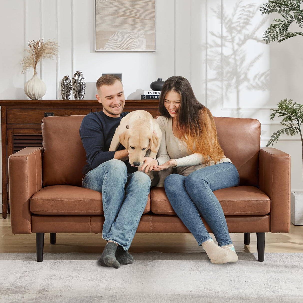 Kingfun 65" Loveseat Sofa, Faux Leather Love Seat Couch, Mid Century Modern Couch with Solid Wooden Frame for Living Room & Bedroom in Small Spaces, Coffee Kingfun