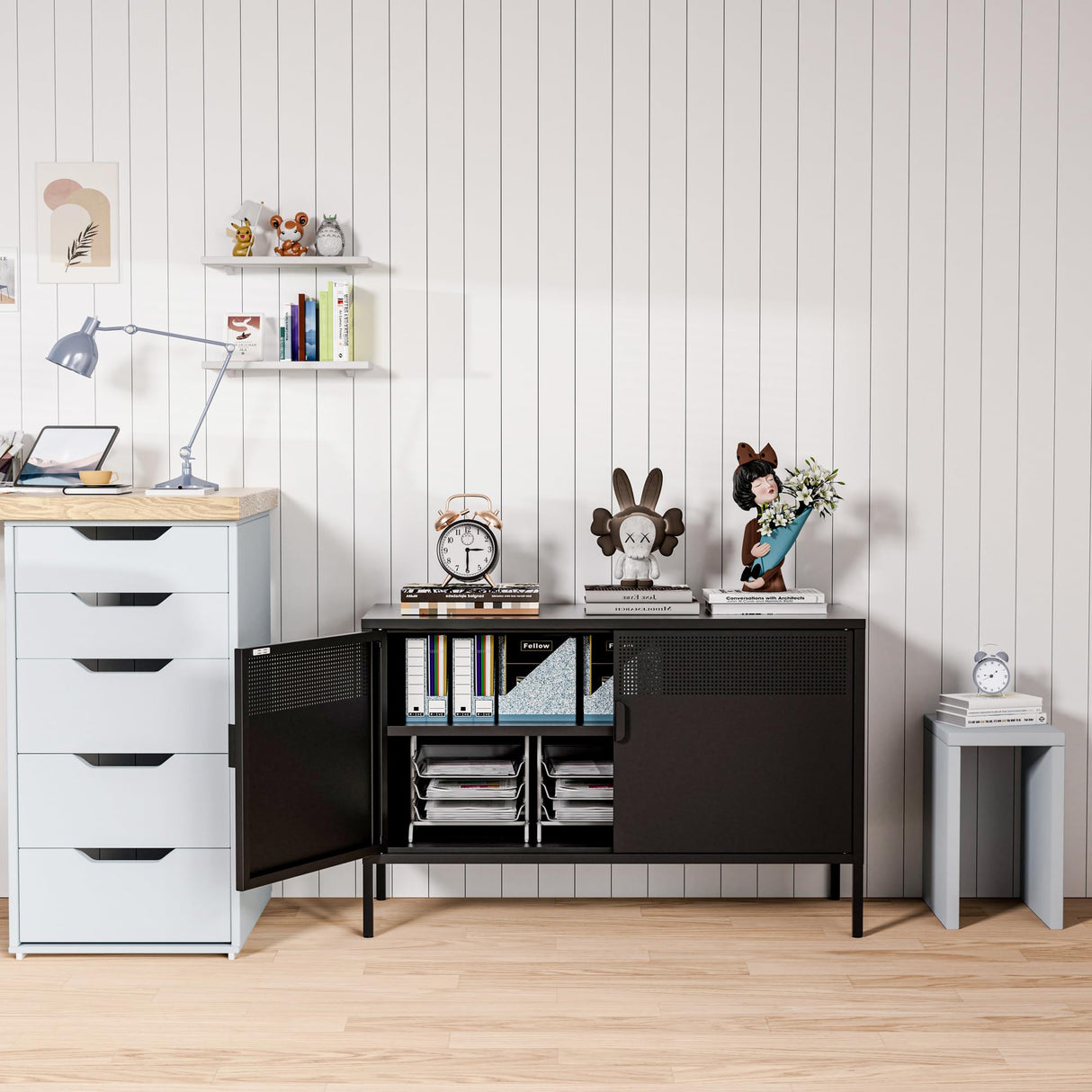 Washsemba 2 Door Storage Sideboard, Metal Storage Cabinet with 2 Adjustable Shelf,Multipurpose Metal Accent Cabinet for Office Home,Music Studio (Black, 25''H) Washsemba