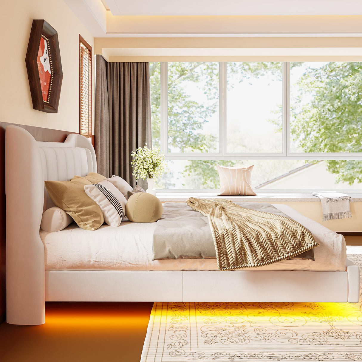 LIKIMIO King Bed Frame with Headboard, Velvet Upholstered Platform Bed with LED Light, Solid Wood Slats Support, No Box Spring Needed, Cream LIKIMIO