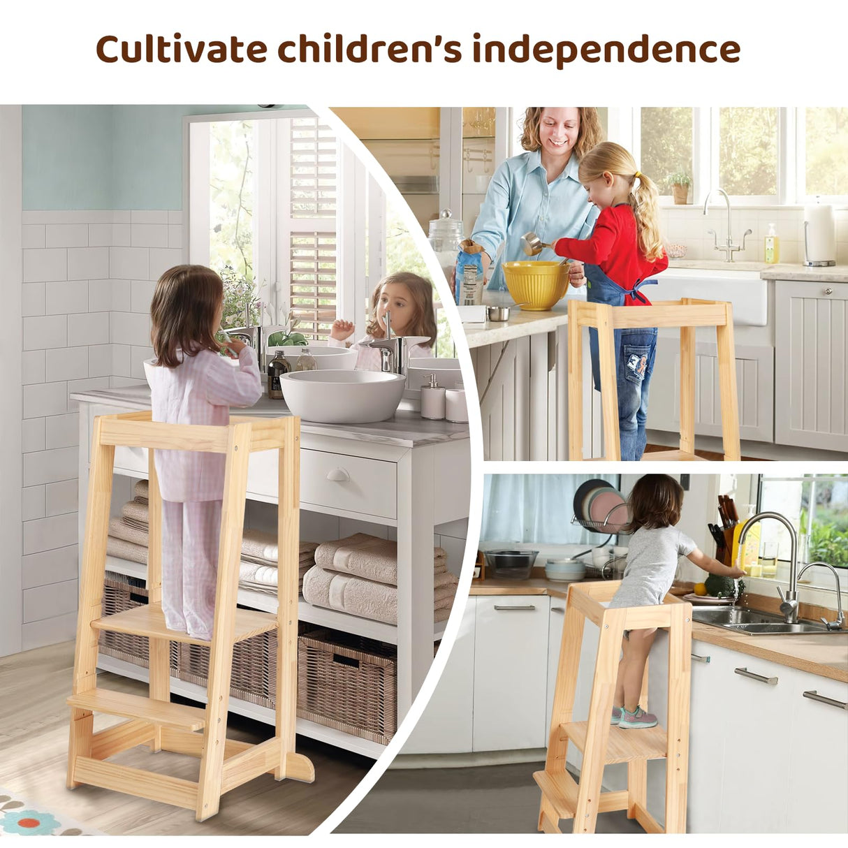 Adjustable Toddler Tower, Stable Standing Tower with 3 Heights Platform & Steps, Wooden Step Stool for Toddlers with Safe Around Rails for Bathroom/Kitchen/Sink, Suitable for Ages 18-36 Months KIDINIX