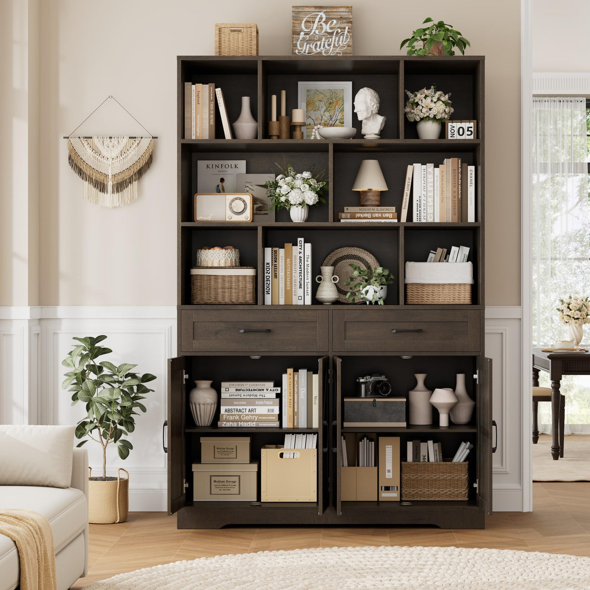 HOSTACK 71" Tall Bookcase with Drawer and Door, 47" Wide Book Shelf and Bookcase with Storage, 6 Tier Large Book Storage Cabinet with 14" Deep Display Shelves for Living Room, Home Office, Dark Brown HOSTACK
