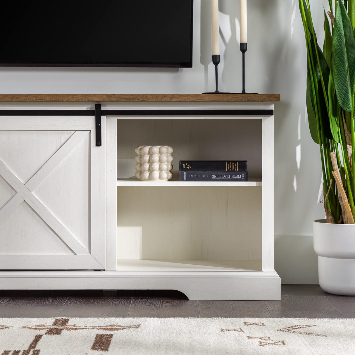 Walker Edison Corbin Modern Farmhouse Sliding X Barn Door TV Stand for TVs up to 80 Inches, 70 Inch, Reclaimed Barnwood and Brushed White Walker Edison