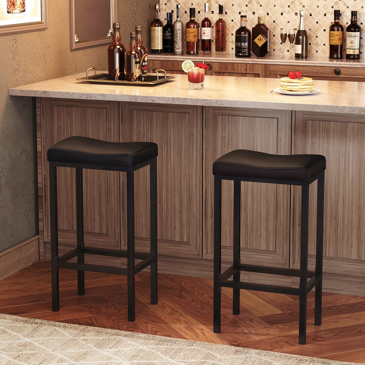 HOOBRO Bar Stools, Set of 2 Bar Chairs, Counter Height Stools, Saddle Stools with Curved Surface, Kitchen Stools, 24.8 Inches, 2.4" Thick Upholstery, for Kitchen, Dining Room, Cafe Black BB10BY01 HOOBRO