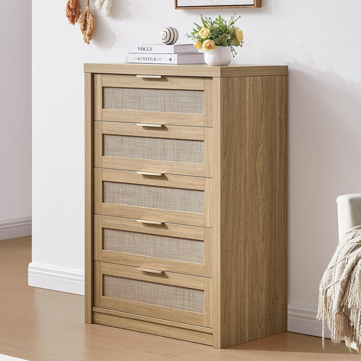 Tall Dresser for Bedroom with 5 Rattan Drawers, Modern Storage Cane Cabinet, Boho Wooden Closet Dressers Chest of Drawers for Living Room Hallway Nursery Entryway, 17.7"D x 29.5"W x 46.7"H OAKHAM HOME