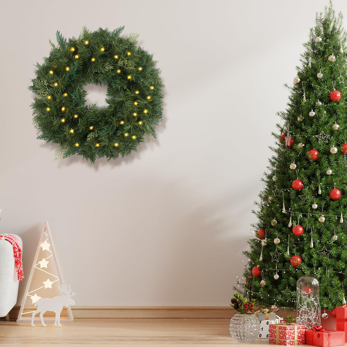 Christmas Wreath Pre-lit 24 inch with 50 Led & Cupressus Tips, Battery Operated Artificial Christmas Wreaths for Front Door with Timer Lights, Wreath for Christmas Decoration Door Windows Wall Green HomeKaren