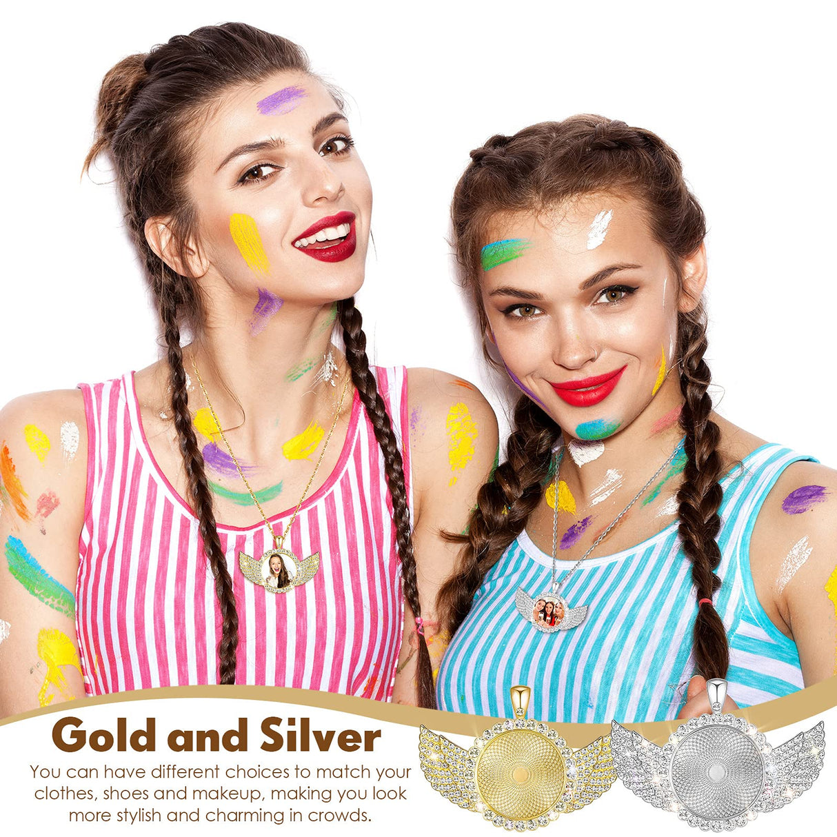 Hicarer 60 Pcs Sublimation Angel Wing Jewelry Blanks Set Rhinestone Bezel Pendant Trays Glod and Silver Sublimation Necklace Blank with Chain for Valentine's Days Making Crafts Wedding Jewelry Gifts Hicarer