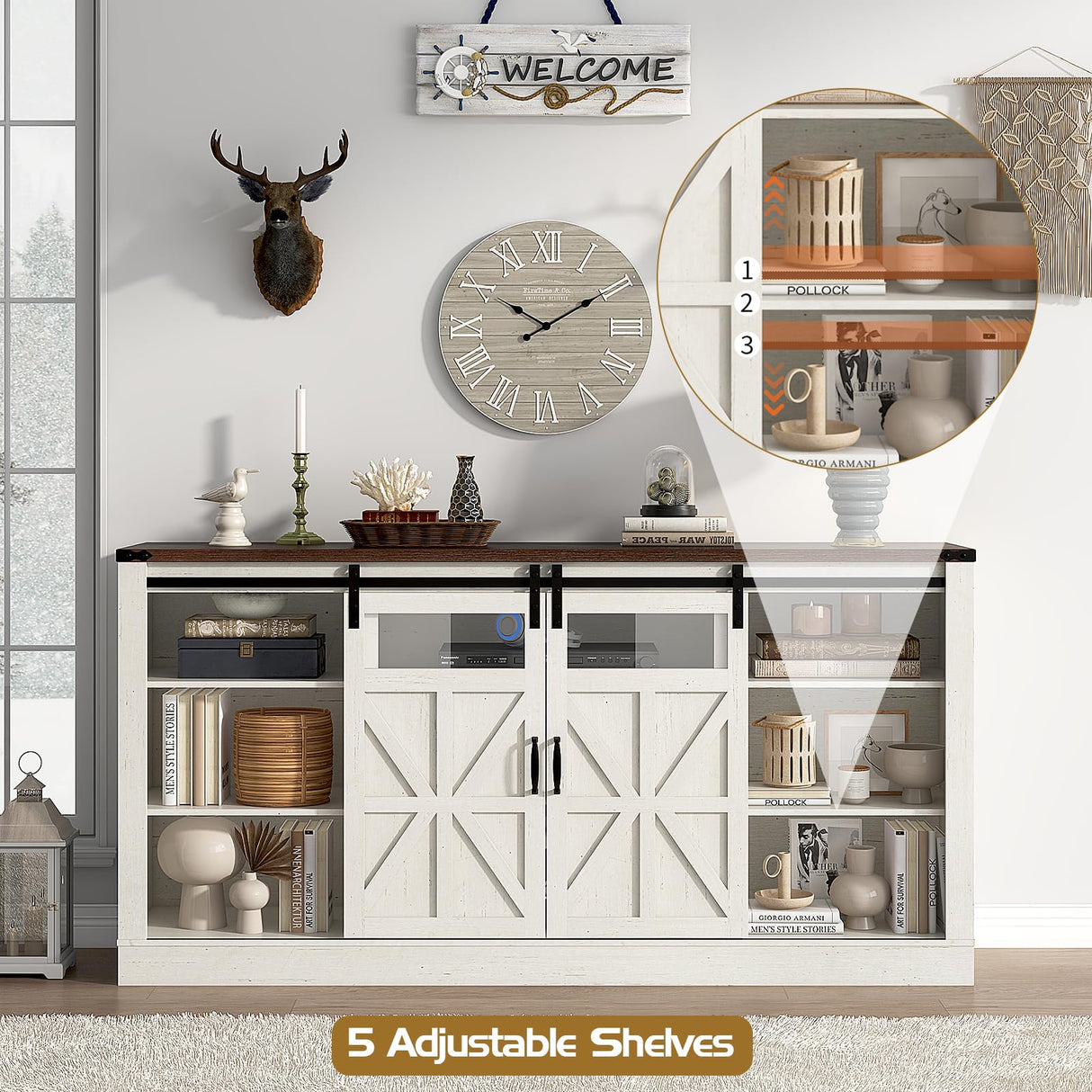 Hlivelood 66" Farmhouse TV Stand with Power Outlets for 75 65 Inch TVs, Entertainment Center with Sliding Barn Door & Large Storage Cabinets w/Adjustable Shelf, 33" Tall TV Media Console, Rustic White Hlivelood